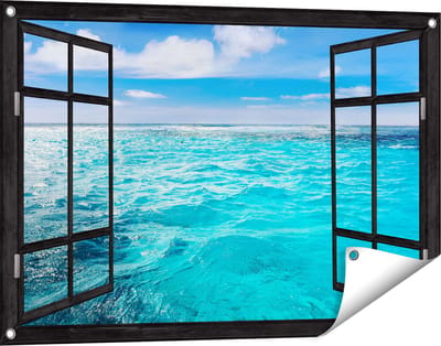 Gards Tuinposter Doorkijk Blauwe Caribische Zee Water - 90x60 cm - Tuindoek - Tuindecoratie - Wanddecoratie buiten - Tuinschilderij