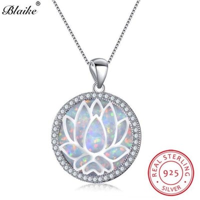 Blaike 925 Sterling Zilver Regenboog Lotusbloem Hangers Wit /Blauwe Vuur Opaal Geboortesteen Kettingen Voor Vrouwen Zirkoon Fijne Sieraden white