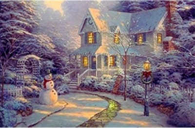 Grote Feestelijke Sneeuwpop Winter Kerst Sneeuw Scene Licht op LED Canvas-Foto – Magische Kerstdecoratie met Verlichte LED's voor Feestelijke Sfeer
