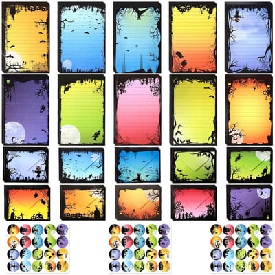 Dailygoods- Wenskaarten Set - 50 Stuks Kleurrijke Wenskaarten - Halloween Enveloppen - Stickers - Briefpapier - 14,5x11cm Enveloppen - Feestkaarten