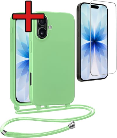 Hoesje Geschikt voor iPhone 17 Hoesje Siliconen Case Met Koord Met Screenprotector - Hoes Geschikt voor iPhone 17 Hoesje Backcover Met Telefoonkoord - Groen
