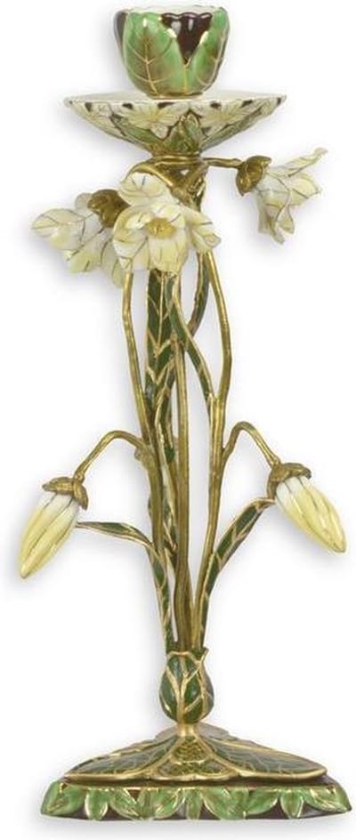 Kandelaar - Bloemen sculptuur - Porselein met brons - 28,5 cm hoog