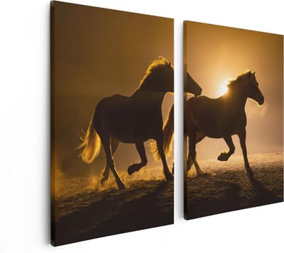 Artaza Canvas Schilderij Tweeluik Silhouet Van Twee Paarden - 80x60 - Foto Op Canvas - Canvas Print