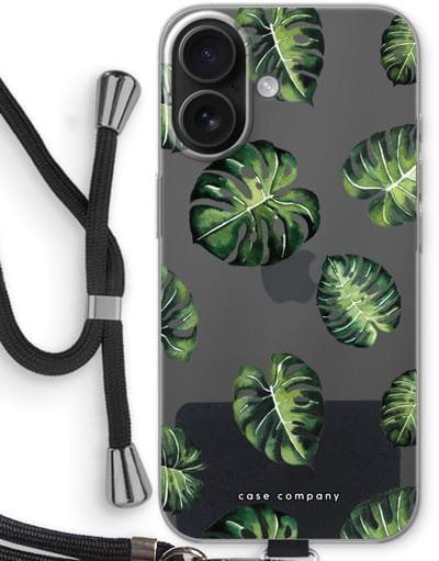 Case Company® - Hoesje met koord geschikt voor iPhone 16 hoesje met Koord - Tropische bladeren - Telefoonhoesje met Zwart Koord - Bescherming aan alle Kanten en Over de Schermrand