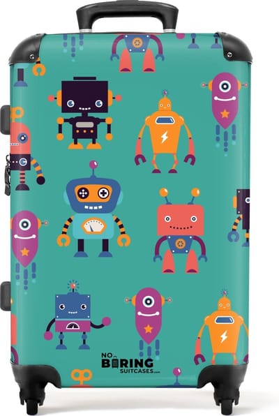 NoBoringSuitcases.com® - Koffer groot - Rolkoffer lichtgewicht - Robots in vrolijke kleuren op groene achtergrond - Reiskoffer met 4 wielen - Grote trolley XL - 20 kg bagage