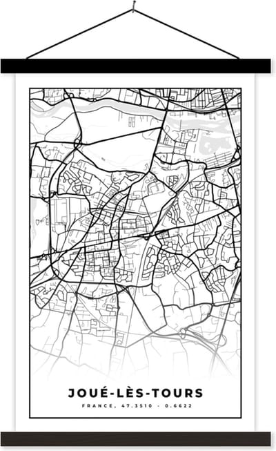 Posterhanger incl. Poster 40x60 cm - Schoolplaat - Frankrijk - Kaart - Plattegrond - Joué-lès-Tours - Stadskaart - Zwart wit - Textielposter - Zwarte latten - Stadskaart