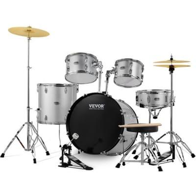 VEVOR Drumstel, 5-delig, complete drumset met basdrum, toms, snaredrum, floortom, verstelbare drumkruk, bekkens, hi-hatpedaal en drumstokken, drumset voor beginners, zilverkleurig