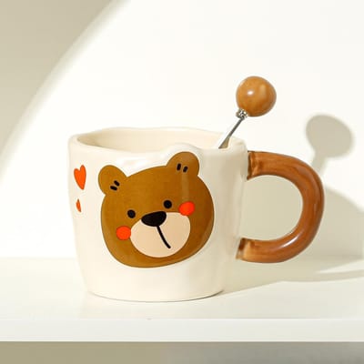 Tasse en céramique ours mignon, tasse de grande valeur avec cuillère, tasse d'eau pour couple, tasse à café domestique, tasse cadeau souvenir 301-400ml