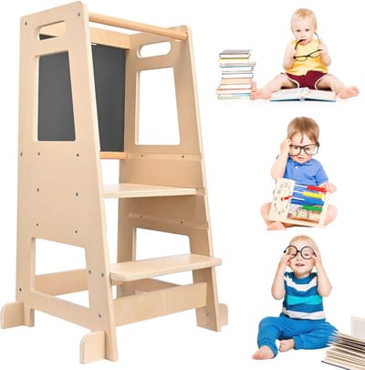 Montessori leertoren voor kinderen - 3 instelbare hoogtes, keukenhulp met bord