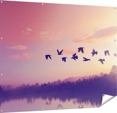 Gards Tuinposter Silhouet Vogels tijdens Zonsondergang - 150x120 cm - Tuindoek - Tuindecoratie - Wanddecoratie buiten - Tuinschilderij