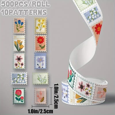 1 rol/500 stuks Bloemenkunst Thema stickerrol 10 patronen delicate decoratie voor vakantiecadeau Studenten Klasbeloning Verjaardagscadeau bagage handboek white