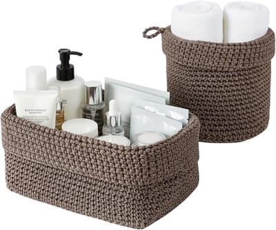 Set van 2 gevlochten opbergmanden, katoenen touw, stapelbaar, organizer, opbergmanden voor badkamer, decoratieve mand voor woonkamer, keuken, badkamer, slaapkamer (bruin)