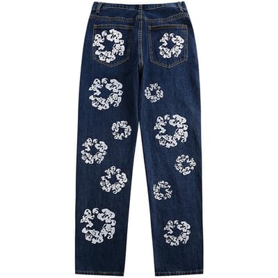 Nieuwe Amerikaanse High Street Jeans met bloemenprint voor de herfst, voor mannen en vrouwen, hoog getailleerde slanke casual broek S black