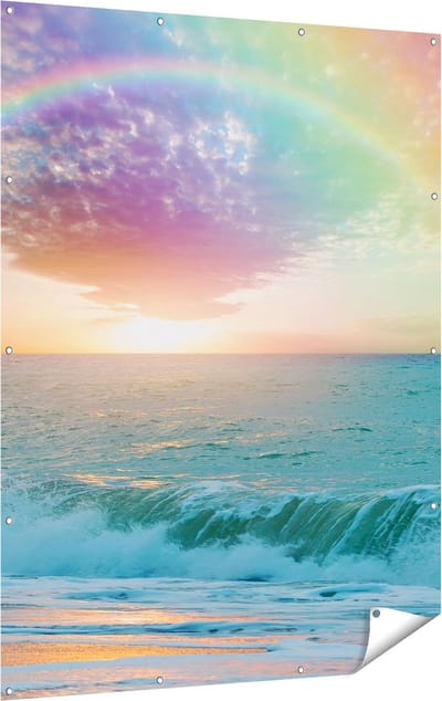 Gards Tuinposter Regenboog in het Water bij het Strand - 120x160 cm - Tuindoek - Tuindecoratie - Wanddecoratie buiten - Tuinschilderij