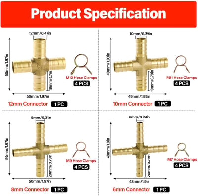 Dailygoods- Slangpilaar 4-Weg Messing Aansluiting - 4 Stuks (6/8/10/12 mm) - Inclusief 16 Slangklemmen - Temperatuurbestendig tot 100℃ - Massief Messing - Geschikt voor Brandstof/Lucht - Slangverbinder