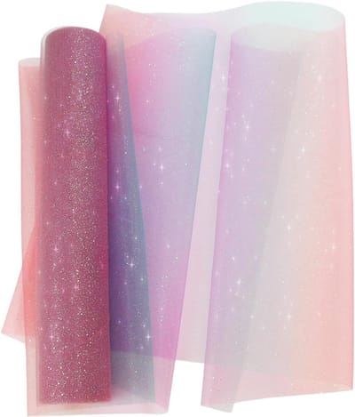 glitter, tule, 9 m x 30 cm, regenboog, kleurrijk, roze, paars, groen, kleurverloop, tule, tafeldecoratie Kerstmis, tafeldecoratie