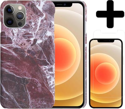 Hoesje Geschikt voor iPhone 12 Pro Hoesje Marmer Case Hard Cover Met Screenprotector - Hoes Geschikt voor iPhone 12 Pro Case Marmer Hoesje Backcover - Rood