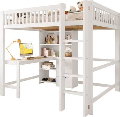 REDOM hoogslaper 140x200 cm – Wit (grenenhout + MDF) – Ingebouwd bureau – 3 lades + open vakken – Hoge veiligheidsreling – 120 kg