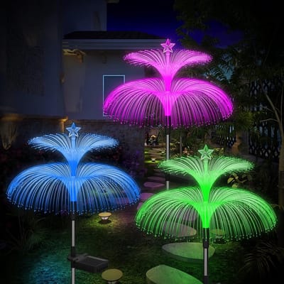 Solar garden light 3 pack nieuwe upgrade solar light outdoor waterdicht 7 verkleuring dubbele kwallen en sterren bloem tuin decoratie tuin gazon kerstmis buiten