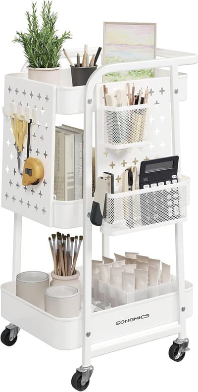 Multifunctionele Trolley op Wielen – Opbergkar - 3-Laags Rolkast met Haken & Mandjes – Wit - 32.3x43.3x73.9cm