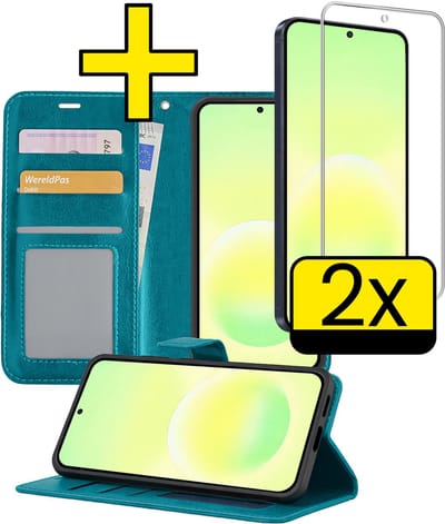 Hoesje - Met 2x Screenprotector - Geschikt voor Samsung Galaxy A57 - Luxe Pasjeshouder - Bookcase Portemonee - Flip Case - Kunstleer Book Case - Flipcase Hoes - Book Cover - Walletcase - Portemonneehoes - Telefoonhoesjes - Turquoise