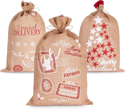 Kerstzakken Set - Cadeauzakken Feestelijk - Cadeaus Inpakken - Met Glitterprint - 80x50 cm - Bruin Wit