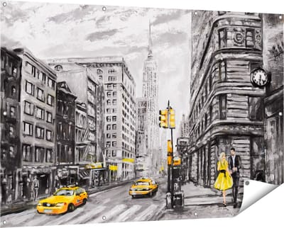Gards Tuinposter Geschilderde New York Tekening - Zwart Wit - 150x100 cm - Tuindoek - Tuindecoratie - Wanddecoratie buiten - Tuinschilderij