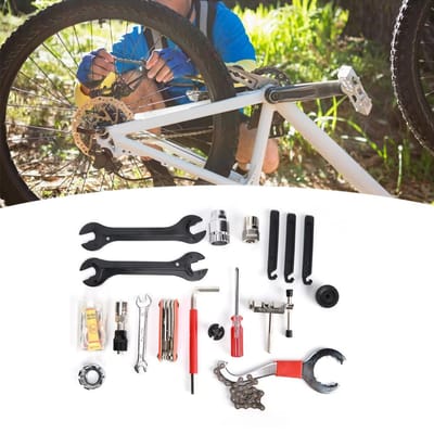 23PCS Clé en Acier Inoxydable pour Vélo de Montagne Kit de Réparation Combination Patch de Pneu Coupe-Chaîne Pédalier Outil Vélo de Route beige