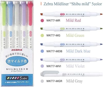 Zebra Mildliner Set : Cool en verfijnd - Dubbele stift - 5 stuks - Bullet journal - Stift