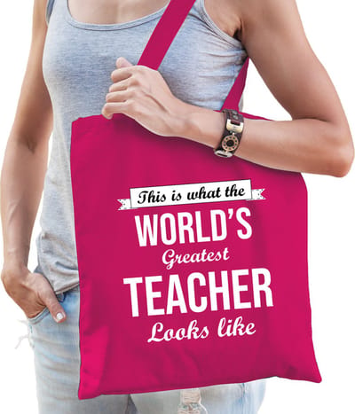 Worlds greatest TEACHER cadeau tasje roze voor dames - verjaardag / kado tas / katoenen shopper voor lerares / juf / leerkacht / docent