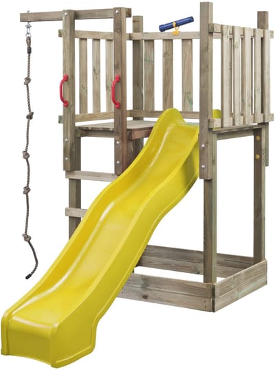Houten Speeltoren Mario (SwingKing) | Speeltoren met Glijbaan en Knopentouw voor Buiten in de Tuin | FSC Hout - Glijbaan Geel
