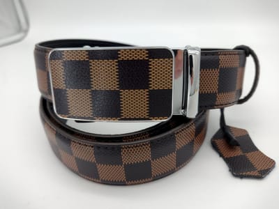 RR22-91.s.120 : Damier bruin gecoate canvas om leder riem met automatische zilverkl buckle, 120 cm