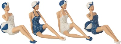 J-Line decoratie Vrouwen Badpak Zittend - polyresin - blauw/wit - set van 4
