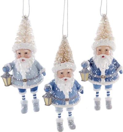 Kurt S. Adler Kerstornament - Kerstmannetjes met kerstboomhoed - set van 3 - blauw wit - 11cm