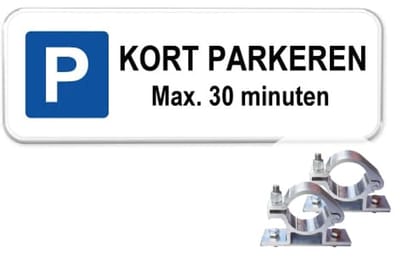 Parkeerbord Kort Parkeren 30 minuten - Weerbestendig Aluminium - 40x15 cm - Bevestiging: Met paalbeugels Ø48mm