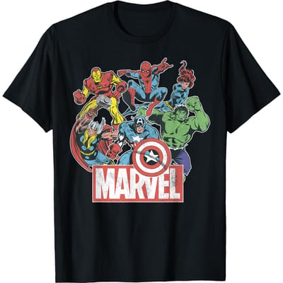 Marvel Avengers Team Retro Stripboek Vintage Grafisch T-shirt Klein 4X-Large zwart