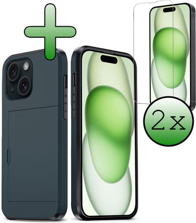 Hoes Geschikt voor iPhone 15 Hoesje Hard Case Met Pas Houder Met 2x Screenprotector - Hoesje Geschikt voor iPhone 15 Hoes Shockproof Hard Cover Met Kaarthouder - Donkerblauw