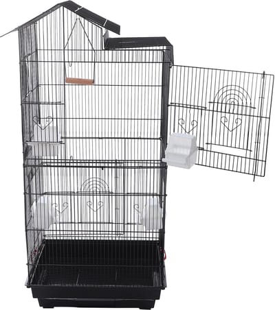 Vogelkooi – Praktische Hangkooi voor Parkieten & Kleine Papegaaien – Ijzerdraad kooi met Voerbakjes & Zitstok – Zwart