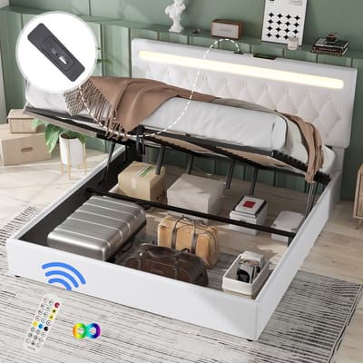 STILVORA Gestoffeerd Bed 180x200cm – Met Led Sfeerverlichting Via App – Hydraulische Lift Met Opbergruimte – Met Usb Poorten – Zonder Matras – Wit