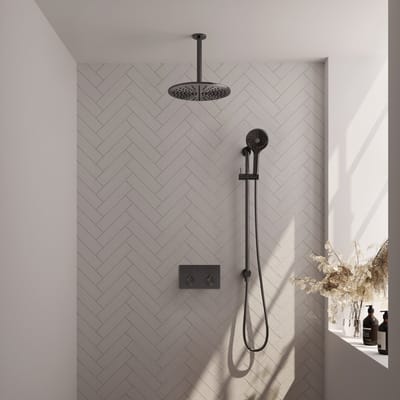 Brauer Gunmetal Edition thermostatische inbouw regendouche met drukknoppen SET 72 met 30 cm douchekop en plafondarm en 3-standen handdouche en doucheslang en geïntegreerde glijstang gunmetal geborsteld PVD