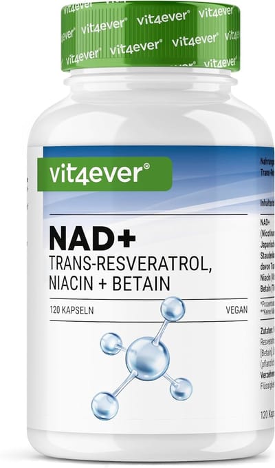 Vit4ever NAD+ Capsules - 500 mg NAD+ (Nicotinamide-Adenine-Dinucleotide) + 250 mg Trans-Resveratrol 98% + 150 mg Niacine + 100 mg Betaïne (TMG) - 120 Vegan Capsules - 60 Dagen Voorraad