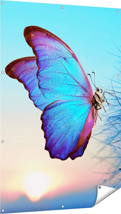 Gards Tuinposter Blauwe Vlinder bij Paardenbloemen - 100x150 cm - Tuindoek - Tuindecoratie - Wanddecoratie buiten - Tuinschilderij