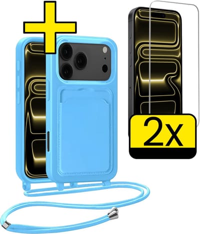 Hoesje Geschikt voor iPhone 17 Pro Telefoonhoesje Met Koord Case Pashouder Met 2x Screenprotector Siliconen - Hoes Geschikt voor iPhone 17 Pro Hoesje Met Kaarthouder - Lichtblauw