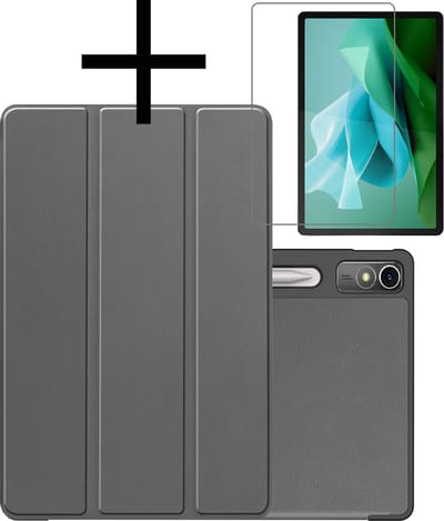Hoes - Geschikt voor Lenovo Tab P12 - Met Screenprotector - Trifold Bookcase - Hard Cover Case - Met Uitsparing Geschikt voor Lenovo Pen - Hardcover Book - Tablet Hoesje - Grijs