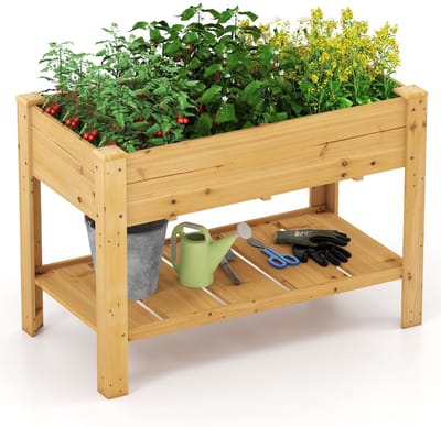 COSTWAY Verhoogd bloembed met plank, verhoogd tuinbed van hout, plantenbak met drainagegaten, groentebed, kruidenbed, groot, voor balkon, tuin, terras, 120 x 60 x 81 cm (natuur)