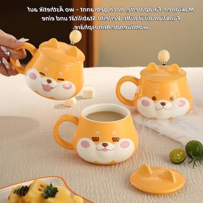Grappige keramische mok met deksel en lepel, schattige Shiba Inu hondenbeker voor koffie, thee en melk, 420 ml
