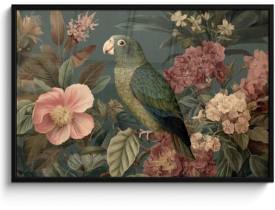 Poster in lijst - Fotolijst 120x80 cm - Posters - Groene papegaai - Kleurrijke bloemen - Donkere achtergrond - Posterlijst zwart - Decoratie - Wanddecoratie woonkamer - Muurdecoratie slaapkamer