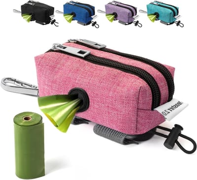 Hondenpoepzakdispenser + traktatiehouder voor alle riemen. 2 waterdichte zakjes voor huisdierafvalzakken. Karabijnhaak + klittenbandbevestigingen. Duurzaam ontwerp. 1 gratis rol. Leashrr 2.0 (roze)