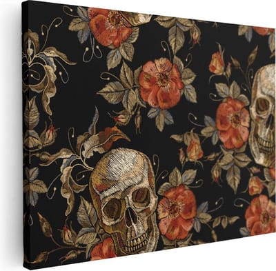 Artaza Canvas Schilderij Doodshoofd Met Rozen - 40x30 cm - Klein - Muurdecoratie Bloemen - Wanddecoratie Gothic - Kamer Accessoires