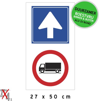 Pictogram/ bord XL Dibond | Eénrichtingsstraat + verbod vrachtwagens | 27 x 50 cm | Vrachtauto's verboden | Enkelrichting | Verkeersbord | Voor Nederland | Roestvrij | Duurzaam materiaal | 1 stuk